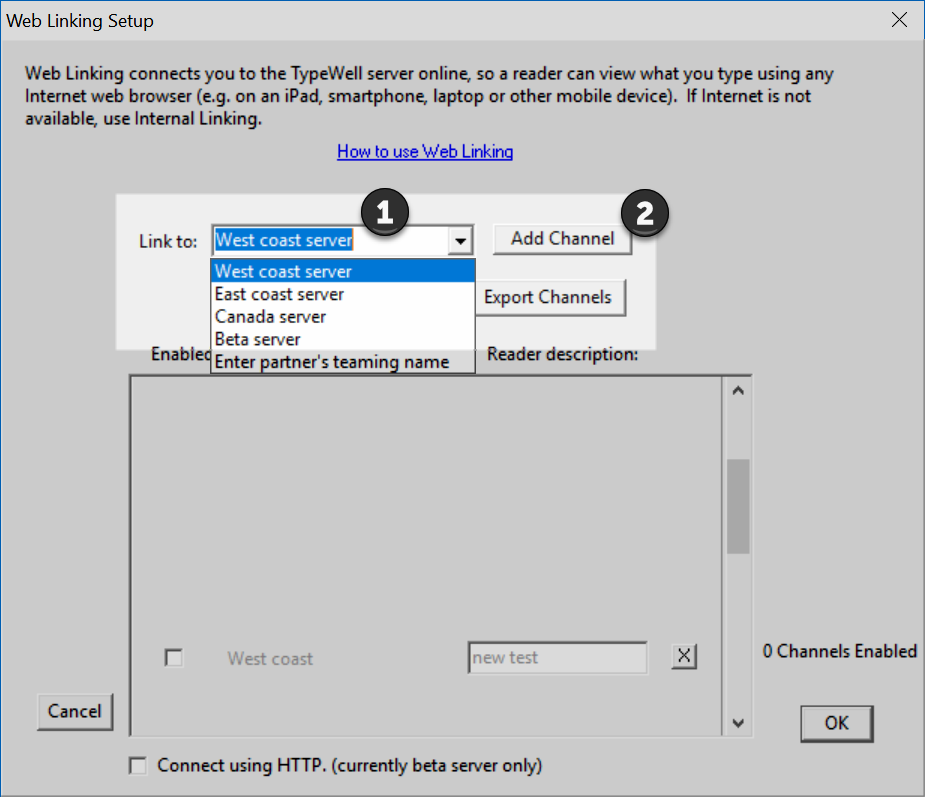 The Web Linking setup dialog box in TypeWell Transcriber