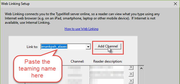 Web Linking setup window with a teaming name pasted into the 