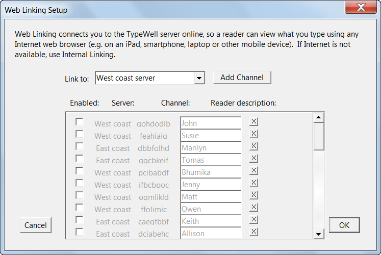 Web Linking Setup dialog box, showing numerous disabled channels