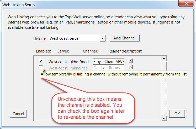 Uncheck the box to disable a channel