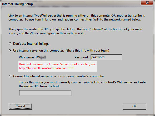 Error message, Internal Server not installed