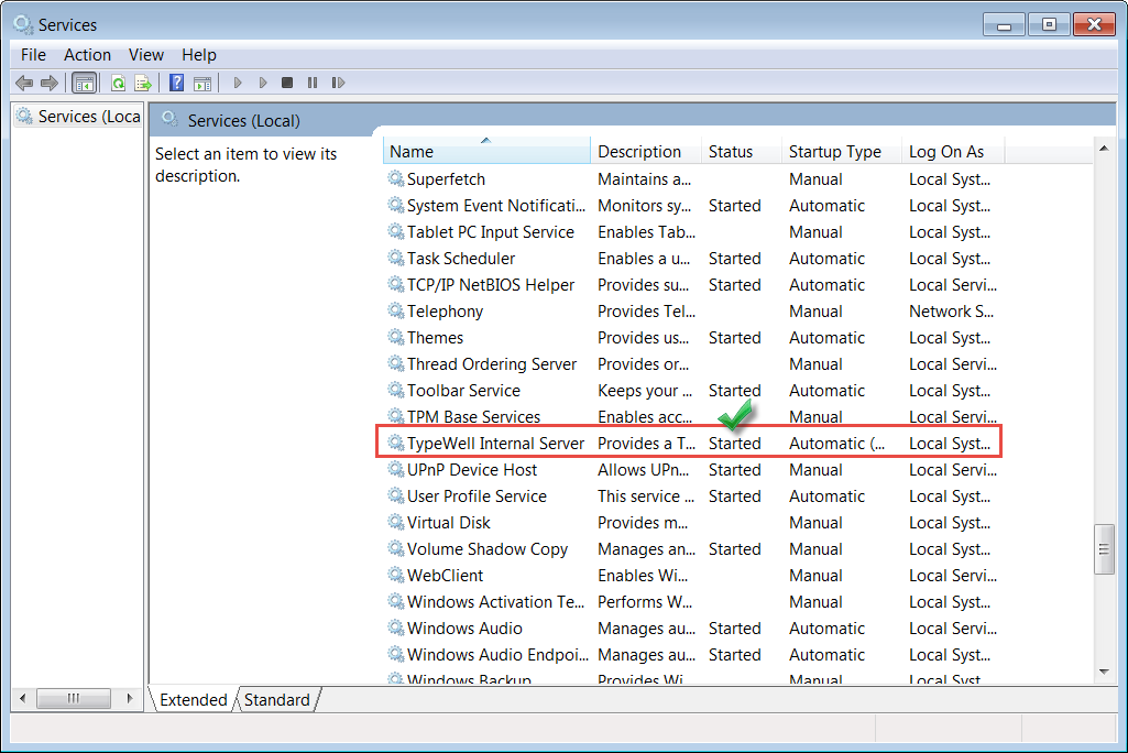 Windows Services list showing TypeWell Internal Server is started
