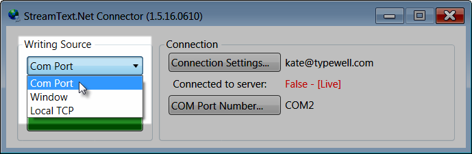 Connection settings for StreamText connector including email address, password, and environment