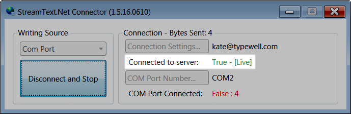 StreamText connector window with Connector to Server status of True Live