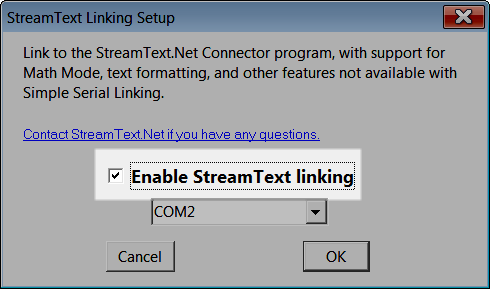 StreamText Linking Setup. StreamText linking is enabled