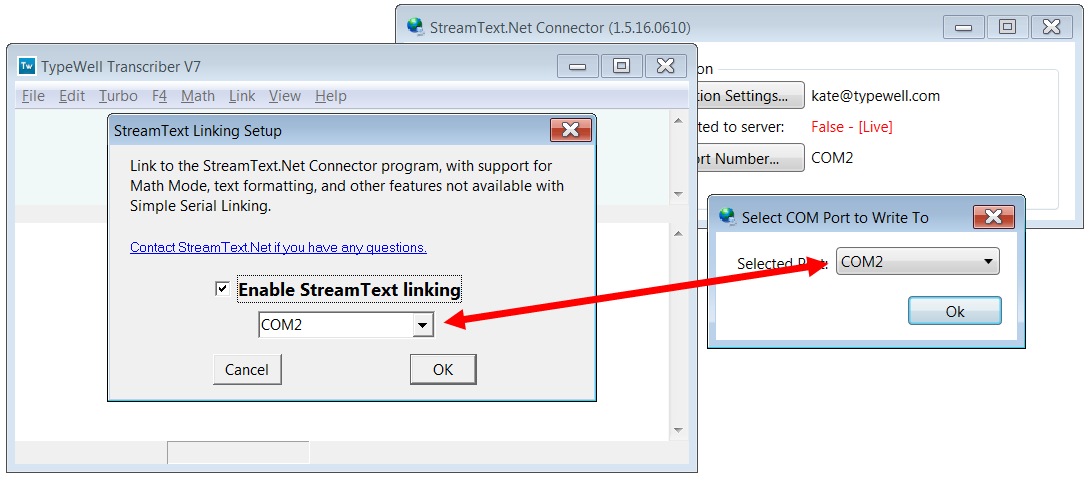 TypeWell and StreamText Connector programs set to COM port 2