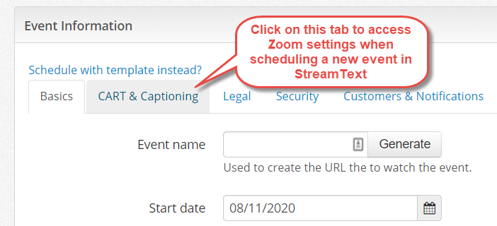 CART & Captioning tab in StreamText event scheduler