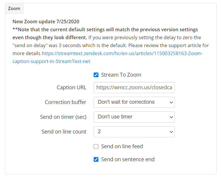 StreamText Zoom settings for faster send with less delay