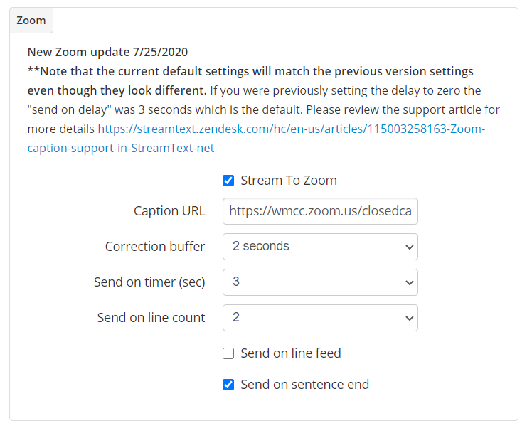 StreamText Zoom settings for slower send with more text