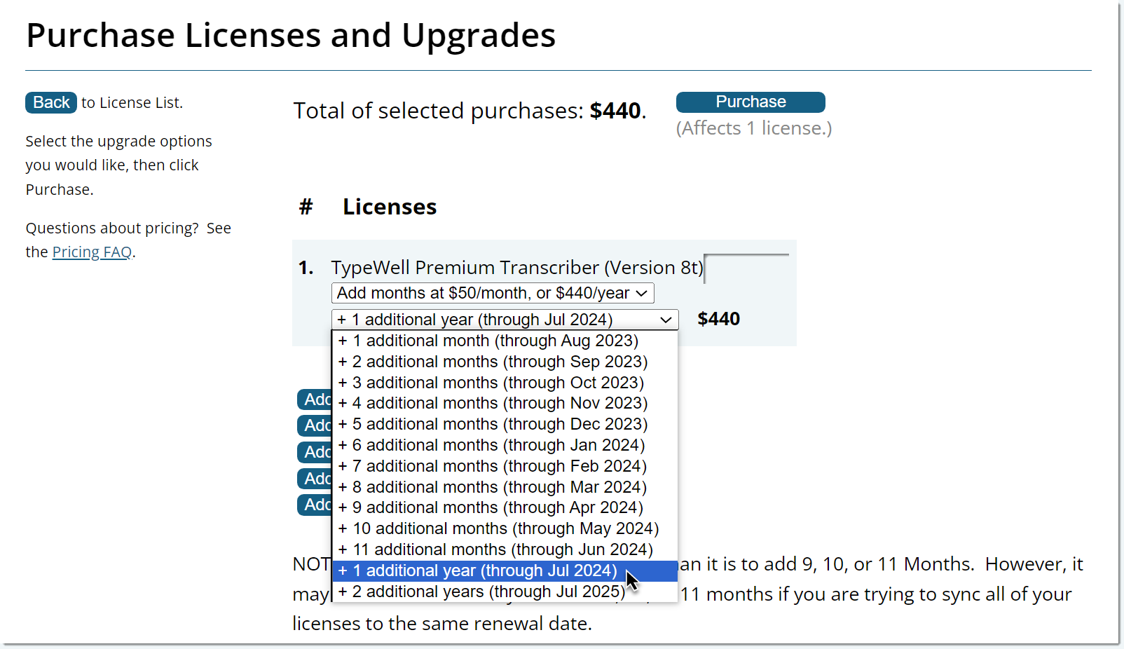 Screenshot of drop-down menu showing various types and lengths of licenses. Highlighted option reads, 