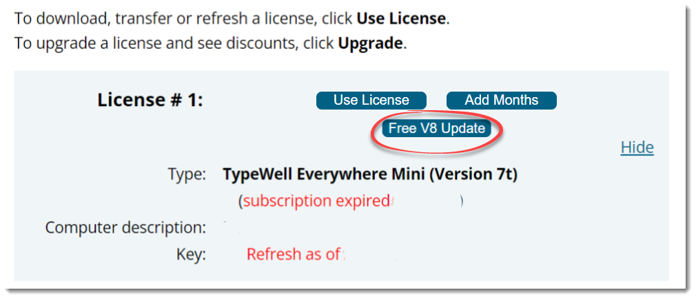Screenshot of expired TypeWell Everywhere License, Version 7. 